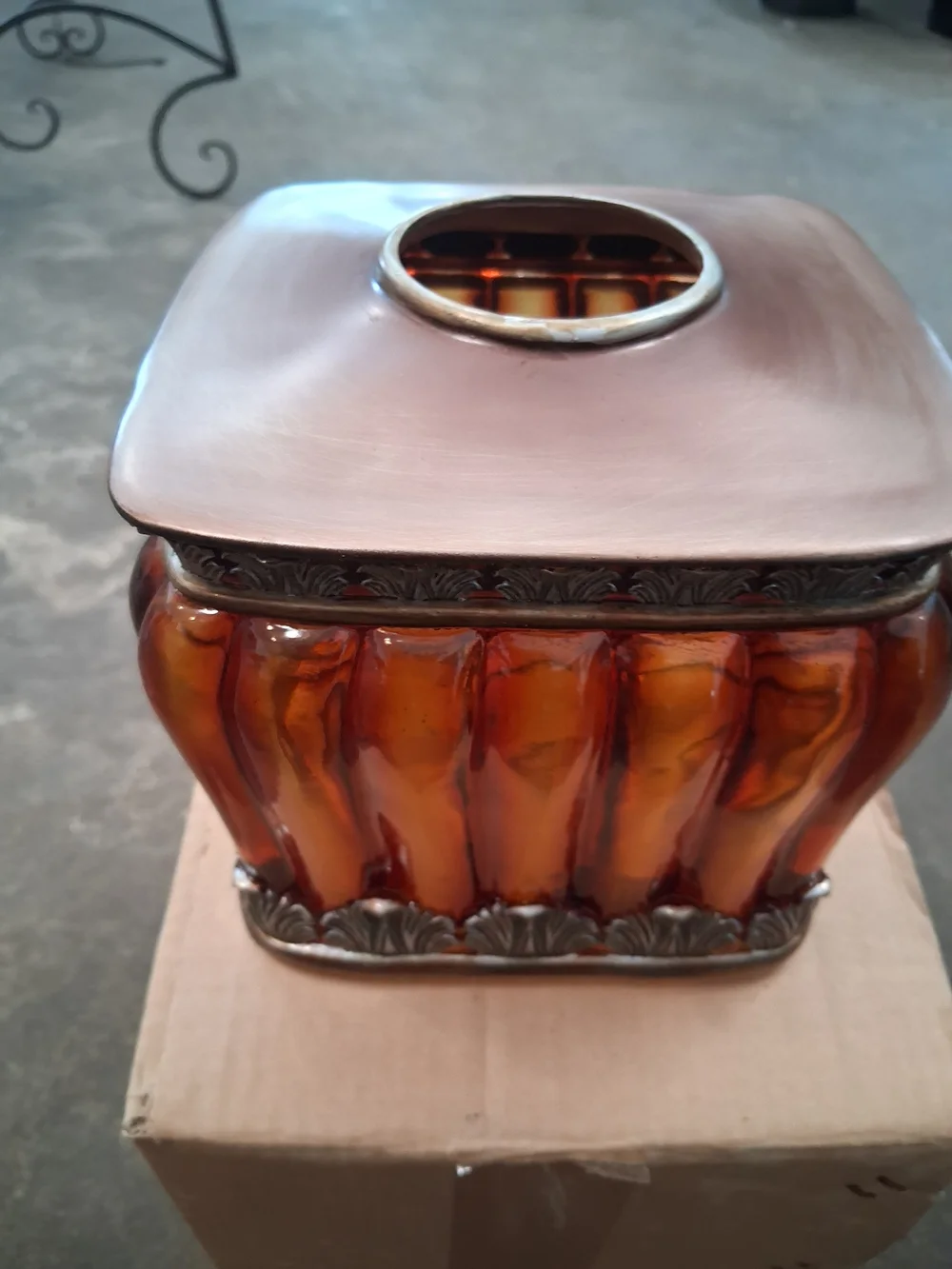 Decorative Amber Glass and Metal Accent Tissue Box Cover.